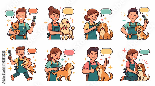 Dog Grooming Set: Happy Pet Stylists and Dogs