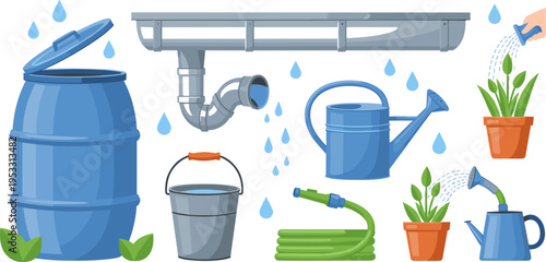Collection of Watering Tools for Plants Including Water Barrel, Gutter, Watering Can, and Hose for Garden Care