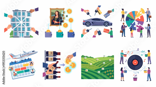 Investment concepts: real estate, art, cars, travel, wine, farming, music