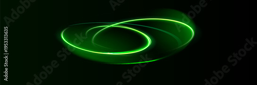 Green shiny sparks of spiral wave. Curved bright speed line swirls. Shiny wavy path. Rotating dynamic neon circle. Magic golden swirl with highlights.