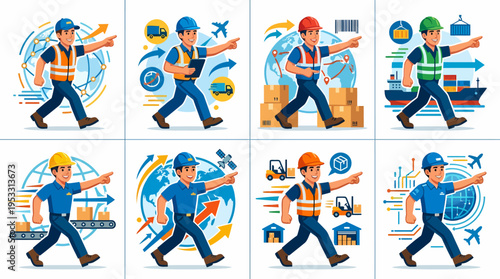 Logistics worker pointing, global shipping and delivery services