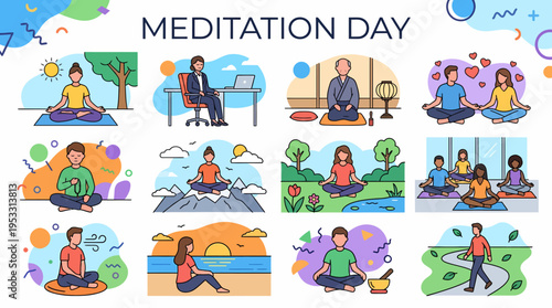 Meditation Day - People Meditating in Various Settings