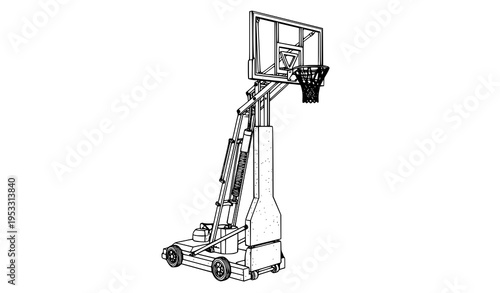 Detailed portable basketball hoop system vector line art with adjustable stand and wheeled base isolated on white