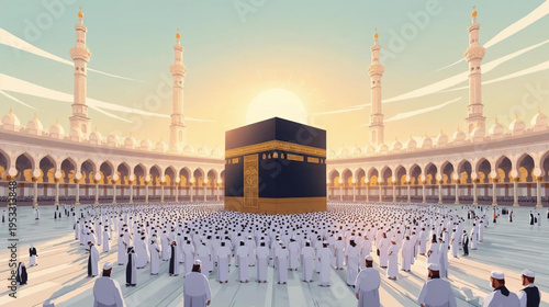showcasing a serene wide-angle view of the Grand Mosque in Mecca gathered around the Kaaba vector illustration background