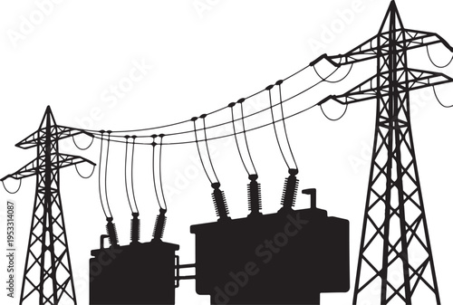 Black silhouette of power transmission towers and electrical