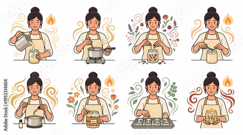 Woman making candles at home, step-by-step illustration