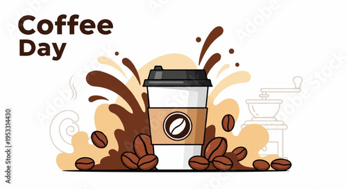 Brown coffee cup with black lid and coffee beans splashing on coffee day
