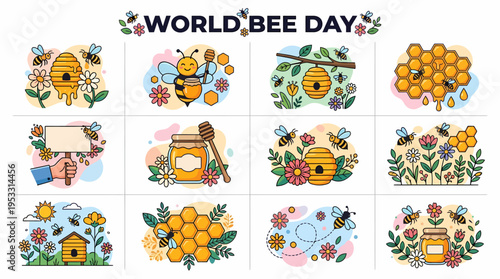 World Bee Day Illustration: Bees, Honeycomb, Hive, Flowers