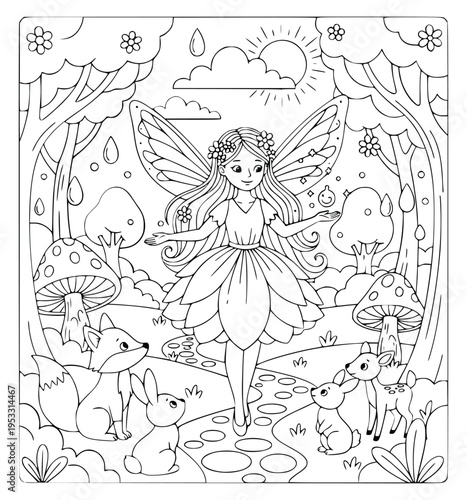 Coloring page of a magical forest fairy with a fox and rabbit and deer