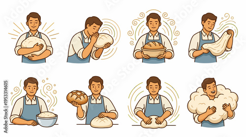 Baker Making Dough and Bread - Collection of Illustrations