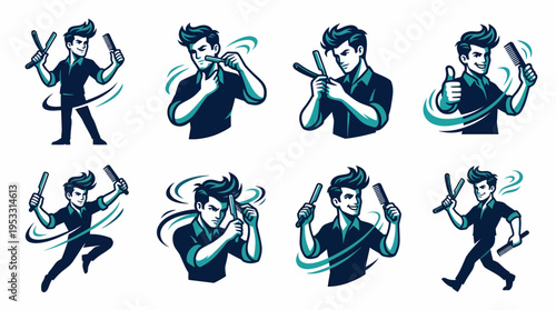 Barber Icon Set: Stylist with Comb and Razor, Dynamic Poses