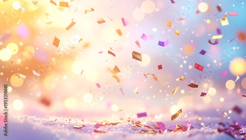 A vibrant, festive scene with colorful confetti falling over a soft, blurred background with sparkling bokeh lights, suggesting celebration