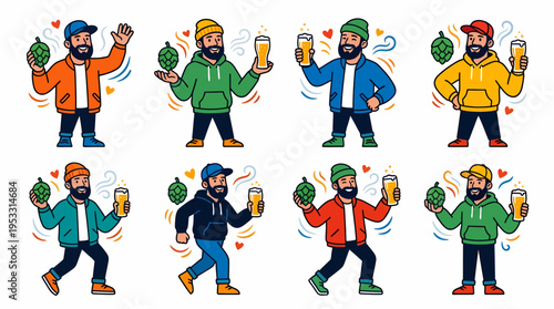 Bearded Man with Hops and Beer, Craft Beer Illustration Set
