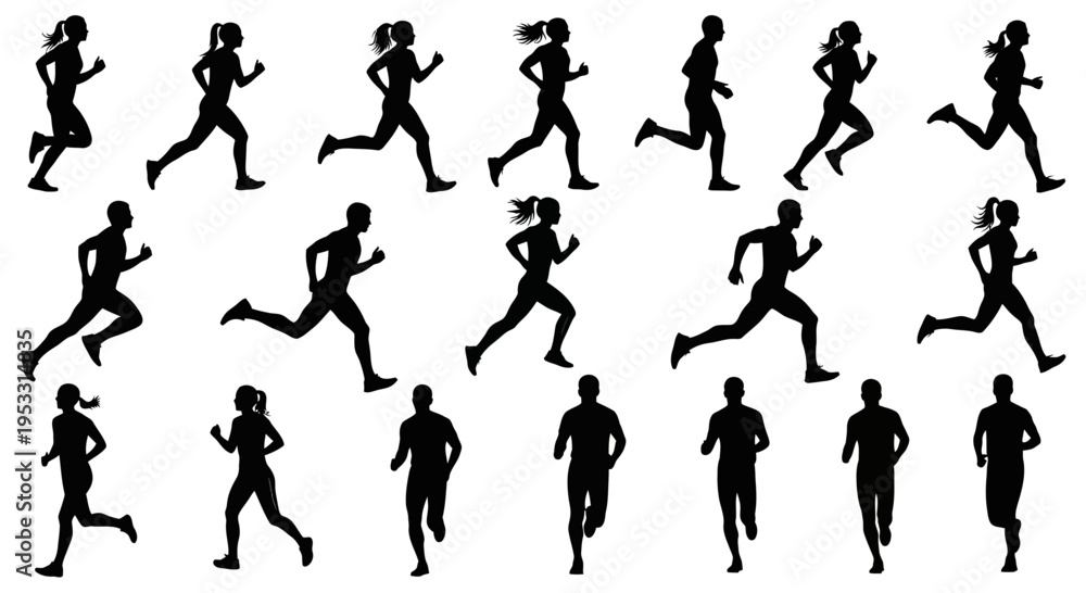 Fototapeta premium Collection of running people silhouettes.