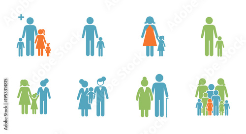Diverse family structures and relationships icons.