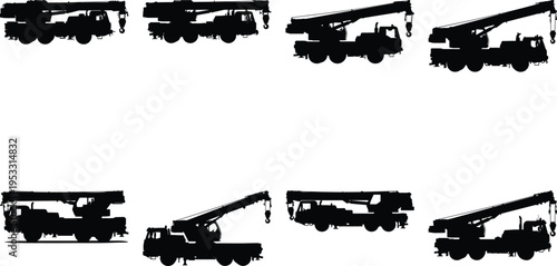 Eight distinct black vector silhouettes of powerful mobile cranes with booms extended at various angles, ideal for industrial and construction graphics.