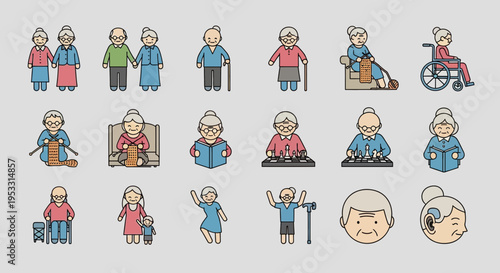 Elderly people illustrations in various activities.