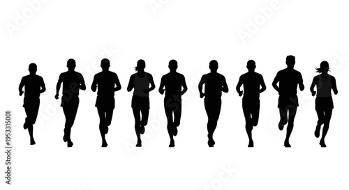 a group of people running in silhouette.