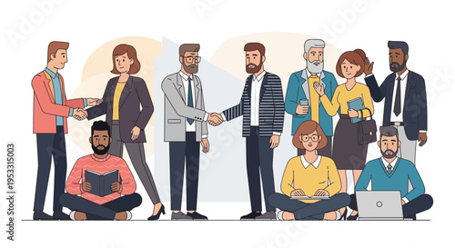 Diverse group of people interacting and collaborating.