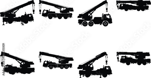 Multiple crane truck silhouettes showcasing different angles and boom positions.