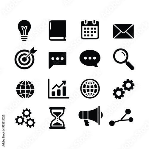 Black and white business communication set symbols vector illustration isolated on white background