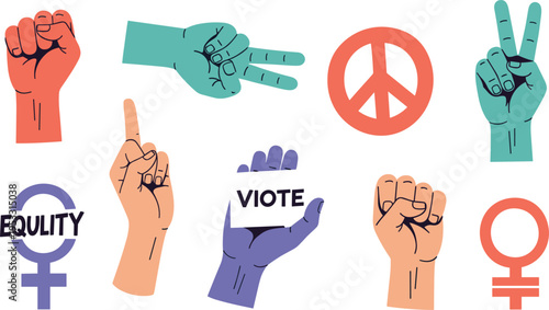 Vector Illustration of Raised Fists, Peace Signs, Equality Symbols, and Vote Icons