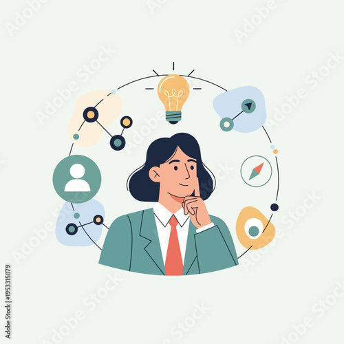 Woman Thinking with Creative Ideas Surrounding Her.