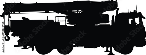 Detailed silhouette of a mobile crane truck with extended outriggers on a white background.