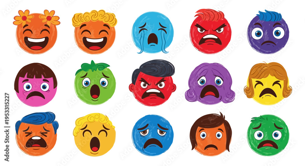 Fototapeta premium Colorful cartoon faces with different emotions.
