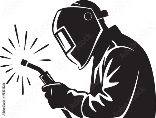 Black silhouette of welder with welding torch and sparks