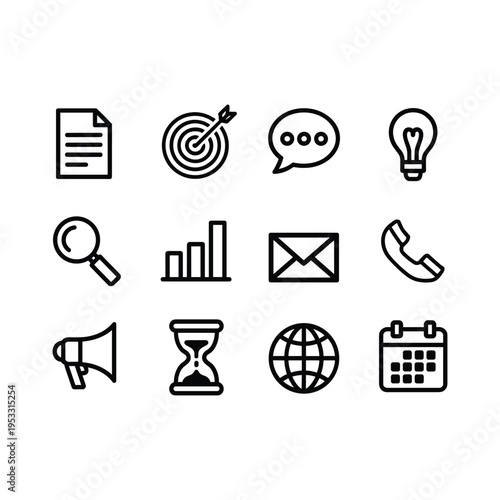 Black and white business set including document target speech bubble light bulb magnifying glass bar chart email phone megaphone hourglass globe calendar
