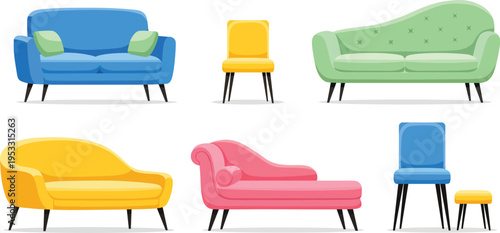Set Of Colorful Living Room Furniture Sofas And Chairs Vector Illustration