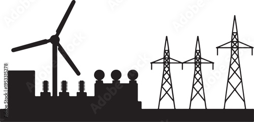 Black silhouette of wind turbine and power transmission towers