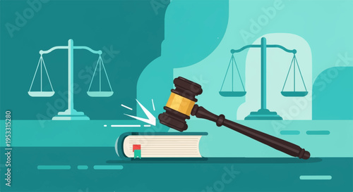 Law and justice concept with gavel on book and scales in background symbolizing legal judgment and balance