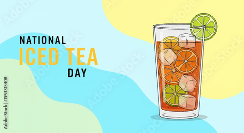 Refreshing glass of iced tea with lime on national iced tea day on a colorful background