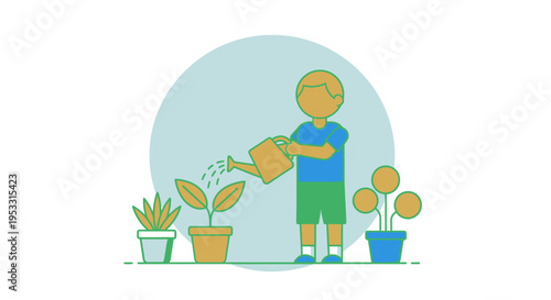 Boy Watering Plants with Watering Can.