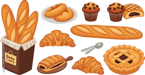 Delicious Bakery Collection with Baguettes, Croissants, Muffins, Pies, and Bakery Caddy with Logo