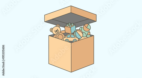 Open Box Filled with Colorful Toys Inside.