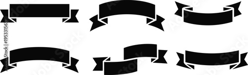 Black ribbons and banners with white outlines vector illustration on white background