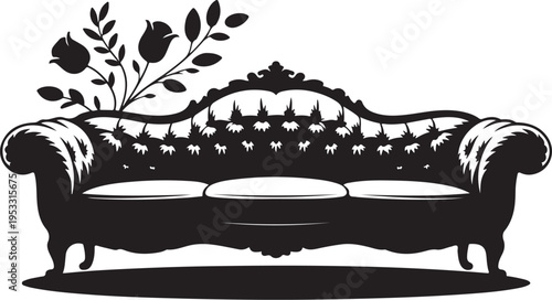 Black silhouette ornate sofa with floral arrangement