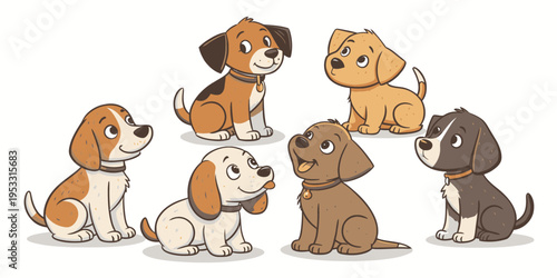 Puppies playful cartoon vector pack of five adorable mixed breed dogs with happy expressions and wagging tails for children's designs.