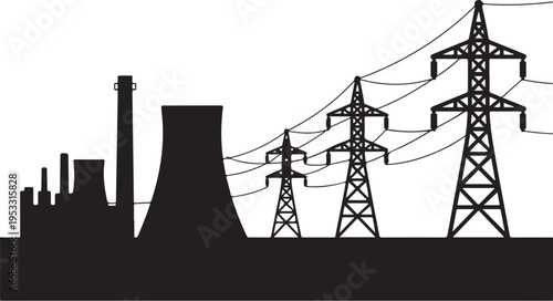 Black silhouette power plant with transmission towers and lines