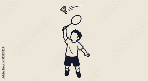 Boy Playing Badminton with Racket and Shuttlecock.