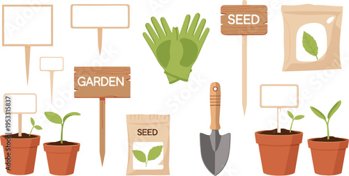 Vector Set of Garden Signs, Plant Labels, Seed Packets, Gardening Gloves, and Plant Pots with Seedlings