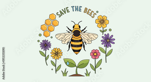 Bee flying near colorful flower blossoms.