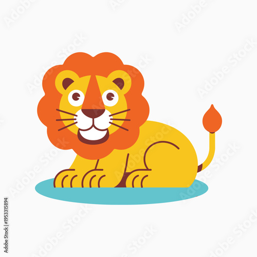 Cartoon lion lying on blue oval with orange mane and tail animal yellow vector illustration isolated on white background