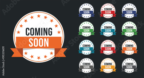 Set of coming soon seal designs in multiple colors with stars and ribbons for website maintenance and launches.