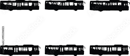A collection of diverse black bus silhouettes, showcasing various public transportation vehicles in side profile against a clean white background, ideal for design projects.