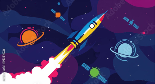 Colorful rocket ship blasts off into vibrant galaxy with planets and stars