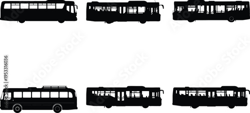 Six distinct black bus silhouettes, depicting various models of public transportation vehicles from a side perspective on a pristine white backdrop, perfect for graphic design.